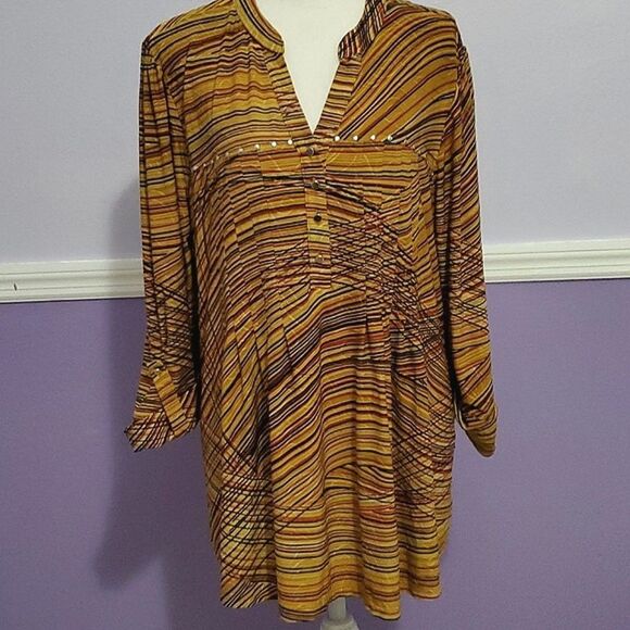 Verarose Golden & Rust Abstract Artsy Studded Rolled Sleeves Pintucked Flowy Top - Picture 1 of 11